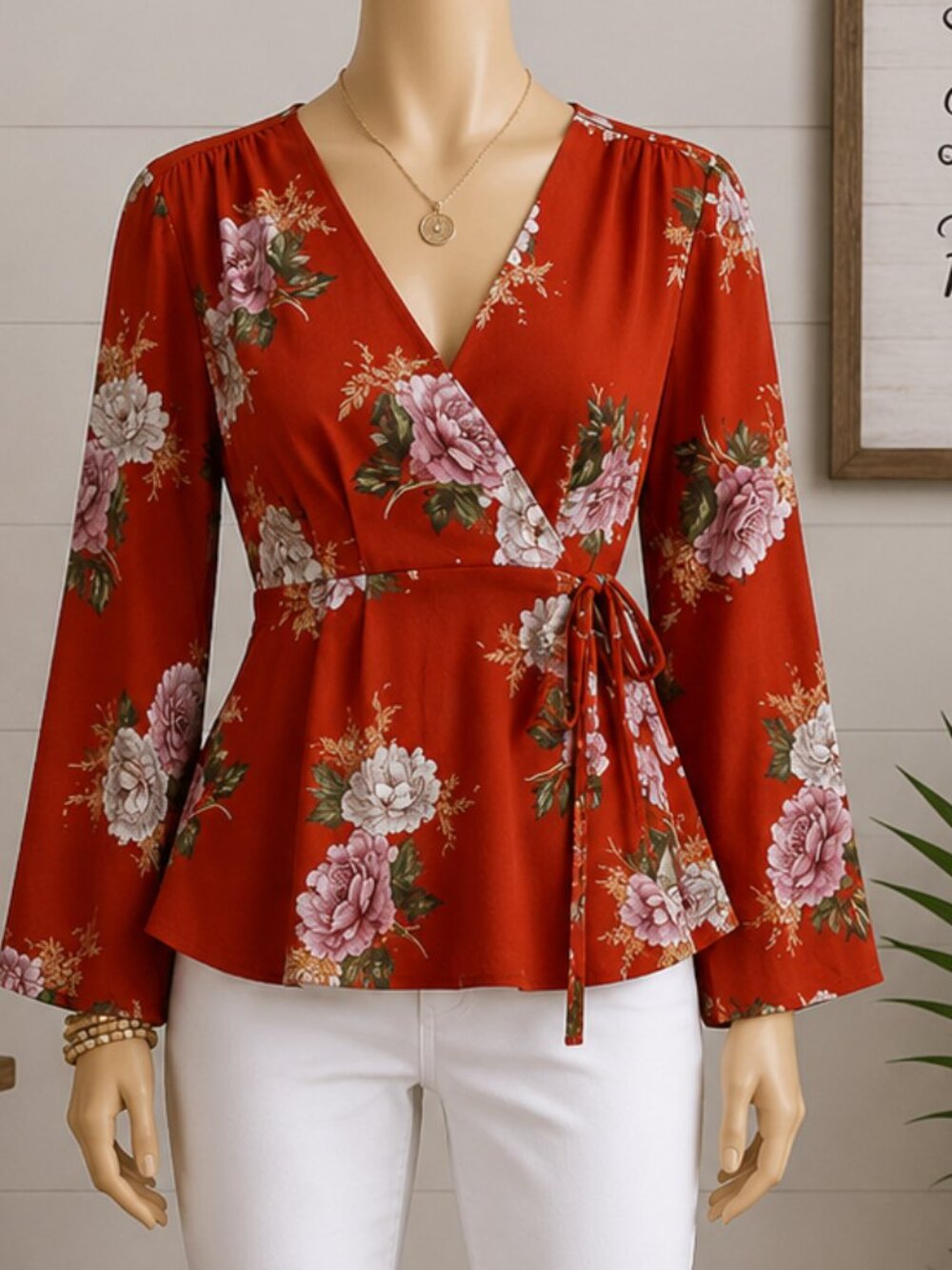 ASTR Red & White Floral Wrap Blouse | Size S | NOWT | Runs Small